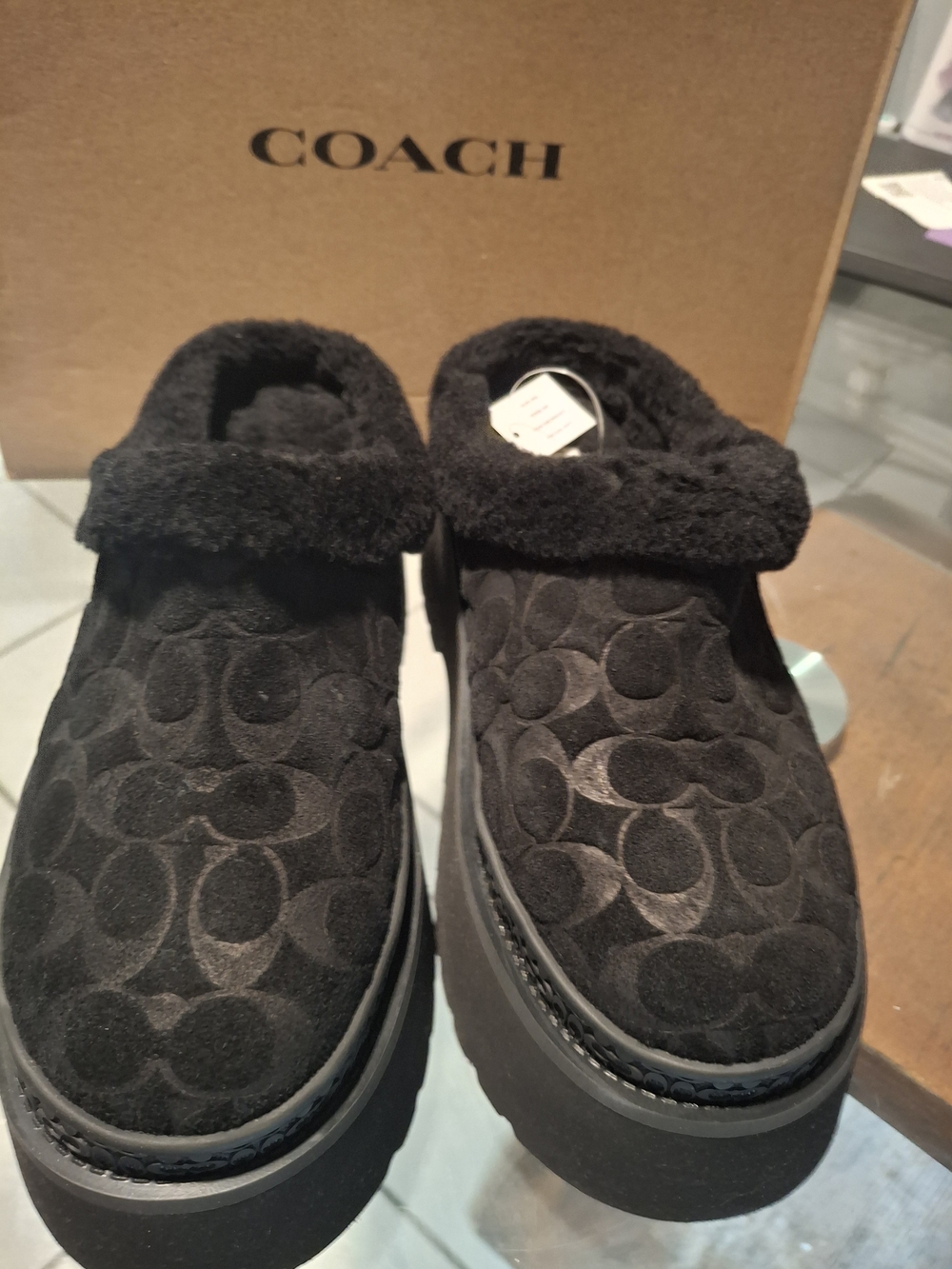 Coach Kids Black Signature Suede Slip-On Slippers with Shearling Trim